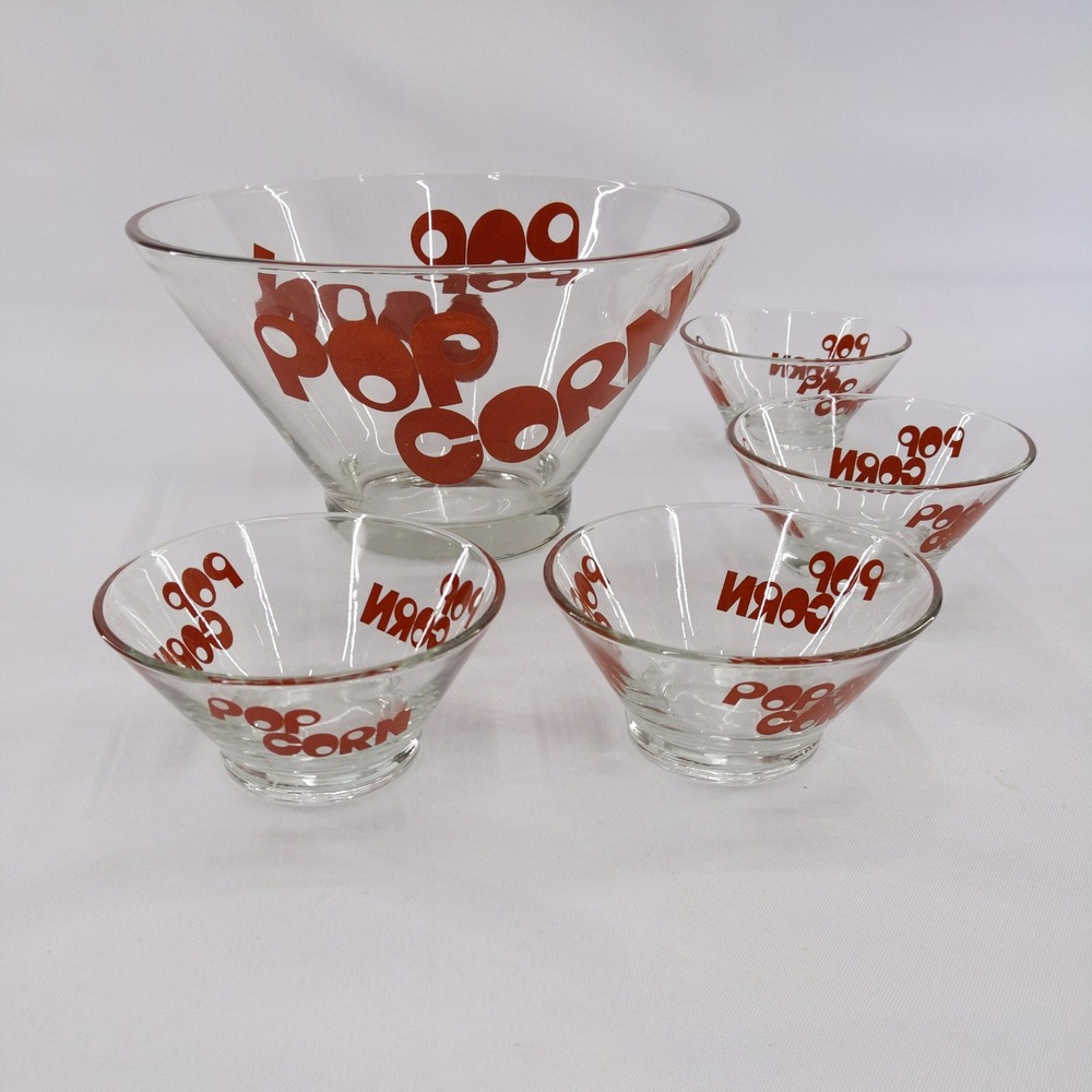 vtg Wheaton Popcorn Bowl Set Clear Red Glass 5 pc Retro Movie Night Snack Bowls